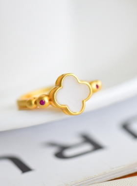 银镶和田玉四叶草戒指女生小众款