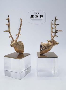 欧式简约现代水晶玻璃底座金属鹿头书立摆件书房样板房工艺装饰品