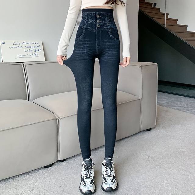 Imitation jeans for women's pocket pants for slimming and elastic small feet pants for large size leggings leggings spring and autumn thin style