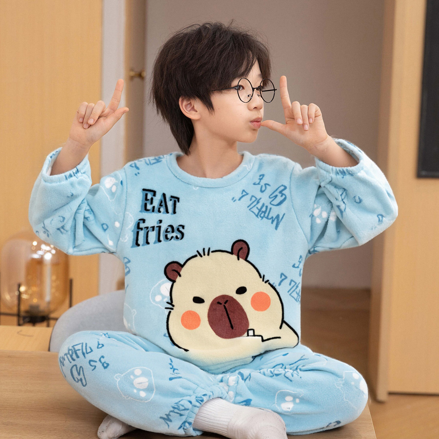 男童睡衣卡通拉布布高端法兰绒加厚款秋冬季保暖小男孩毛绒家居服 - 图1