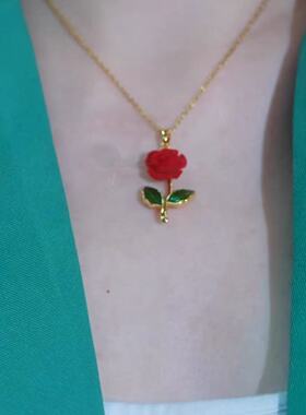 红色玫瑰花轻奢项链久戴不掉色