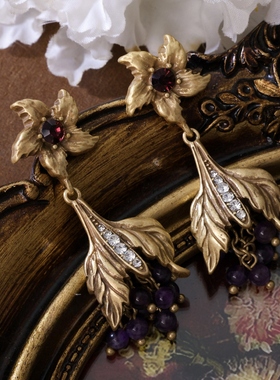 宫廷中古vintage复古气质紫色水晶天然石项链毛衣链耳饰套装