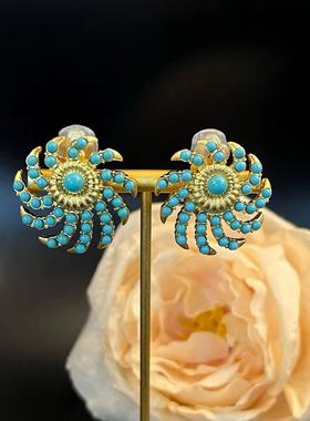 中古复古翠家轻奢松石项链耳夹烟花系列度假夏日串珠短链颈链套装