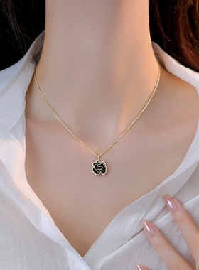 伊灿黑色山茶花项链女小众设计