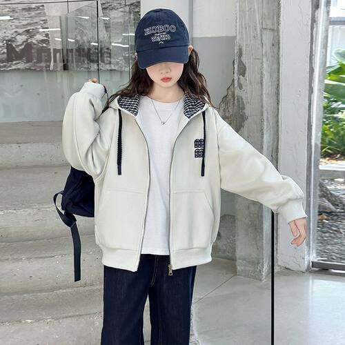 女童外套春秋款2025新款洋气大童女孩休闲卫衣儿童秋装宽松连帽衫 - 图1