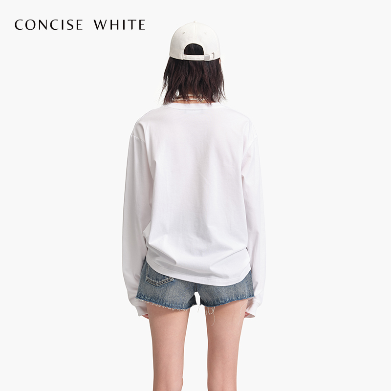 CONCISE-WHITE简白 24春夏新款粉标纯色圆领长袖T恤女设计师品牌 - 图1