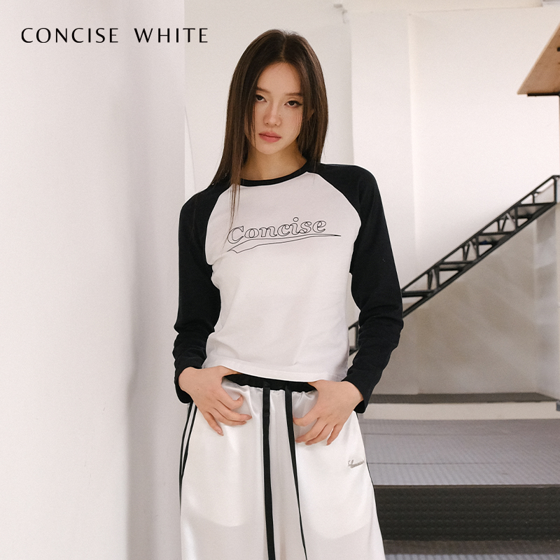 CONCISE-WHITE简白 字母LOGO拼色插肩长袖圆领T恤早秋新品 - 图0