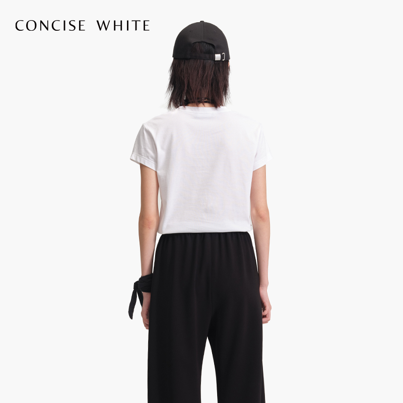 CONCISE-WHITE简白 24春夏新款粉标纯色修身短袖T恤女设计师品牌 - 图1