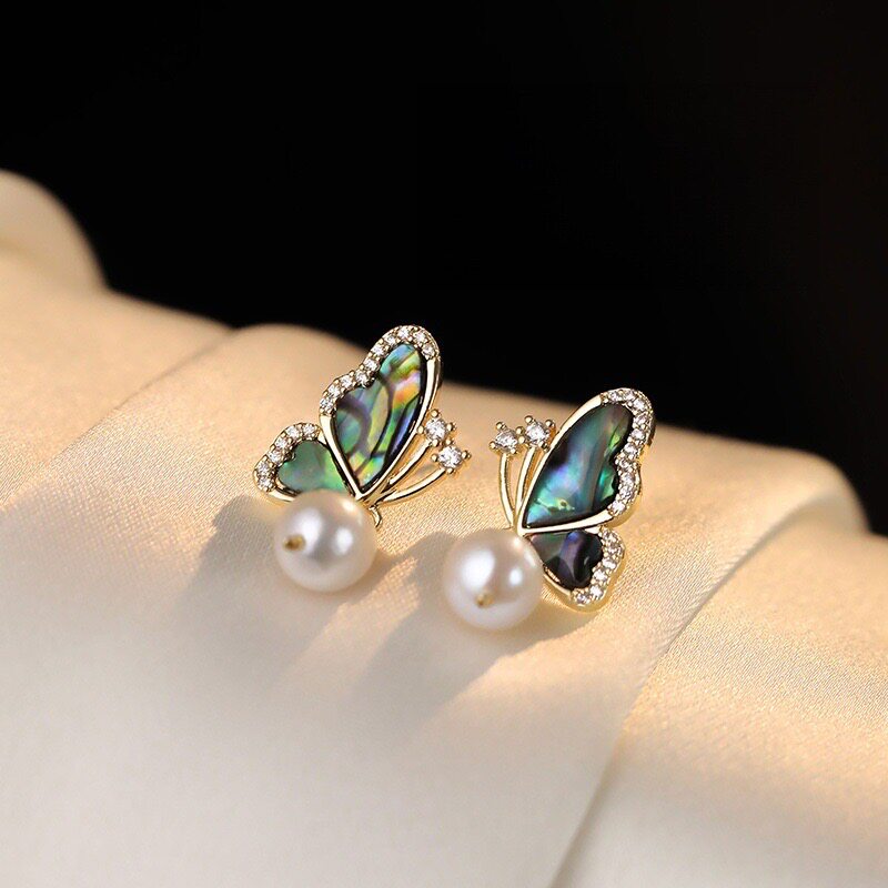 Imitation Pearl Abalone Shell Butterfly Necklace Stud Earrings Ring