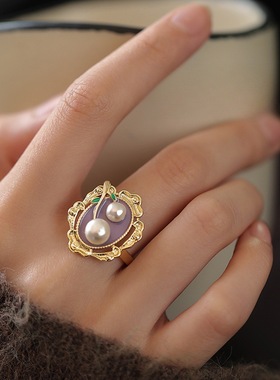 法式复古珍珠食指开口画油戒指