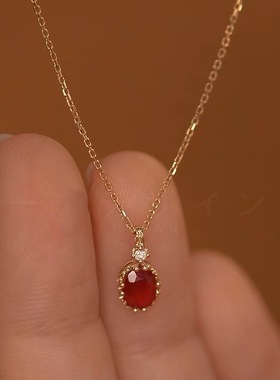 复古小众石榴石红宝石镶钻项链