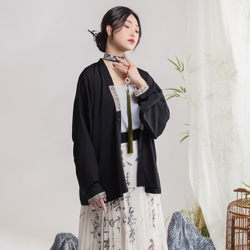 彩云涧原创宋制汉服复古文艺印花书法飞机袖短衫短褙子日常穿搭秋 - 图1