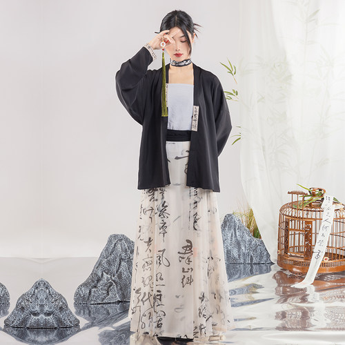 彩云涧原创宋制汉服复古文艺印花书法飞机袖短衫短褙子日常穿搭秋 - 图2