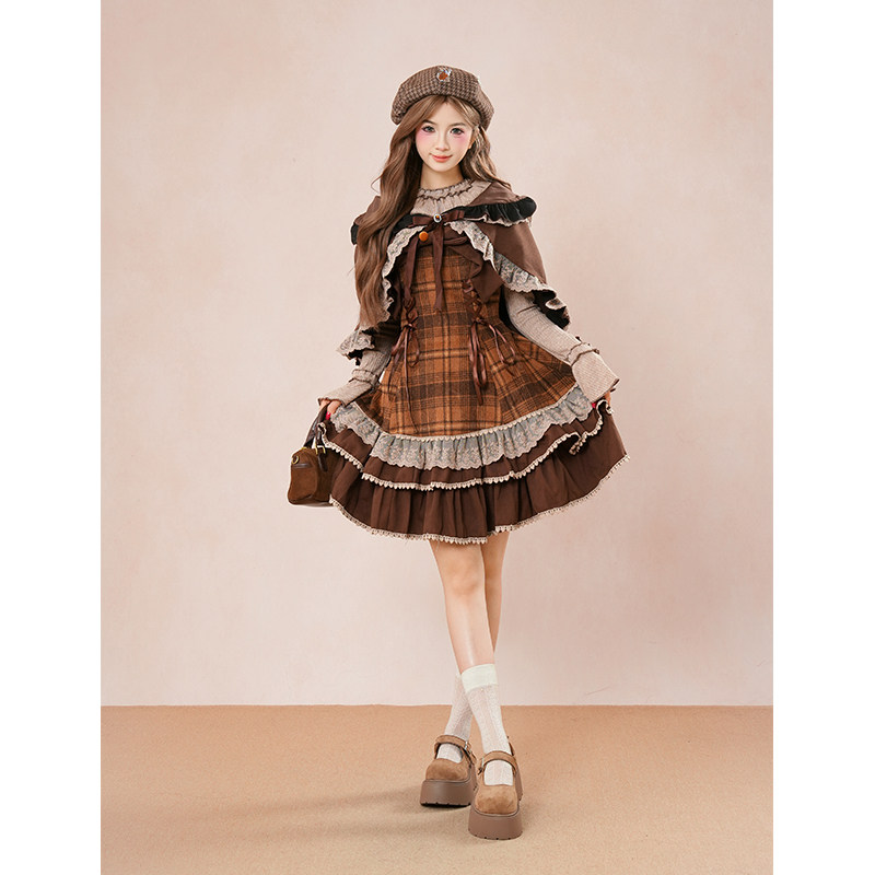 【焦糖布丁】秋冬新款甜美Lolita蝴蝶结斗篷蛋糕连衣裙两件套套装,淘宝优惠券,粉丝福利购,淘宝优惠卷