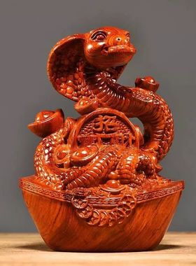 绿色实木十二生肖蛇摆件动物实木