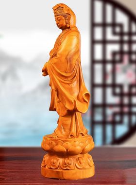 香樟木实木雕刻莲花宝座观音菩萨佛像观音摆件客厅红木私人定制款