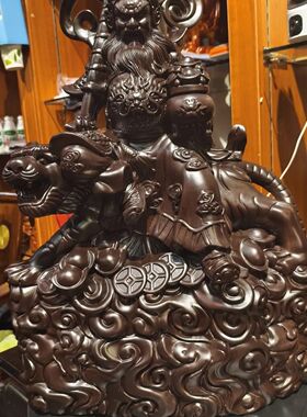 私人定制赵公明武财神实木原木摆件财神爷客厅玄关手工雕刻香樟木