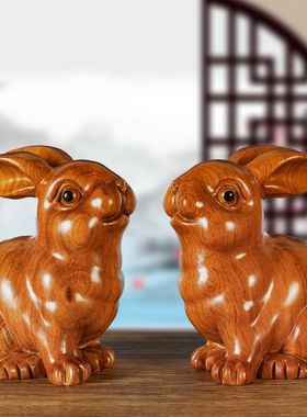 绿色实木雕刻兔子风水摆件客厅12生肖兔实木质兔工艺家居红木装饰