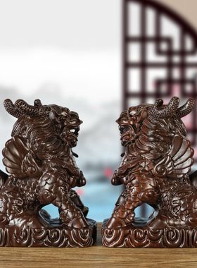 绿色实木麒麟摆件木质客厅装饰品实木头雕刻火麒麟工艺品乔迁送礼