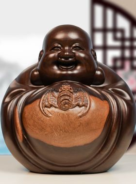 红花梨实木雕大肚弥勒摆件佛像蝙蝠客厅饰品定制大肚笑佛福在眼前