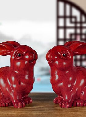 金色实木雕刻兔子风水摆件客厅12生肖兔实木质兔工艺家居红木装饰