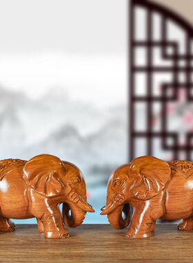 香樟木雕刻实木福财大象摆件吸水象工艺品办公家居客厅开业送礼品