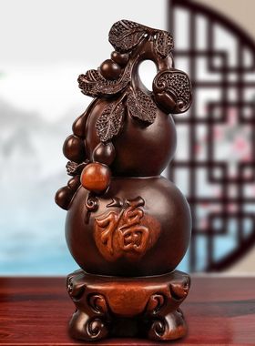 黑檀木雕五福临门摆件实木葫芦工艺品家居客厅饰品乔迁送礼品