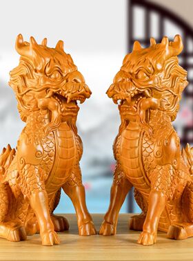 金色实木麒麟摆件木质客厅装饰品实木头雕刻火麒麟工艺品乔迁送礼