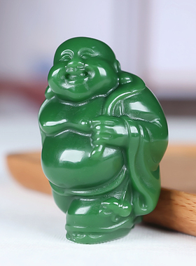 精雕新疆和田玉碧玉佛公挂件菠菜绿玉佛笑佛弥勒佛手把件小把件