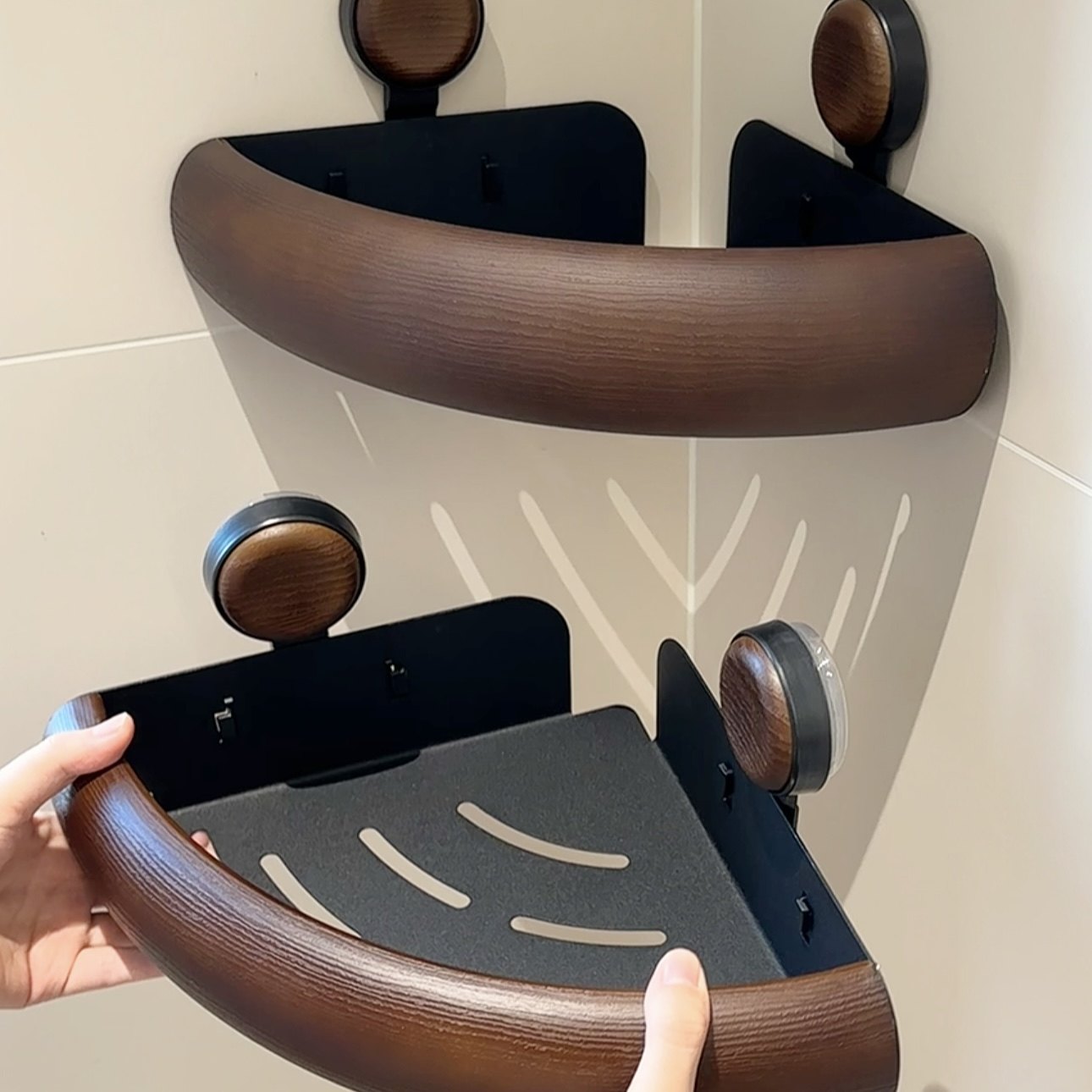 MOMO·中古风置物架免打孔三角转角吸盘壁挂式木纹沐浴收纳架PH,淘宝优惠券,粉丝福利购,淘宝优惠卷