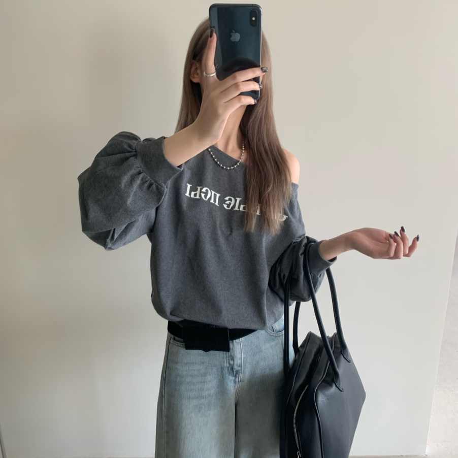 BLESSED MOMENT秋上新简约气质休闲斜肩字母印花长袖卫衣LT830 - 图2