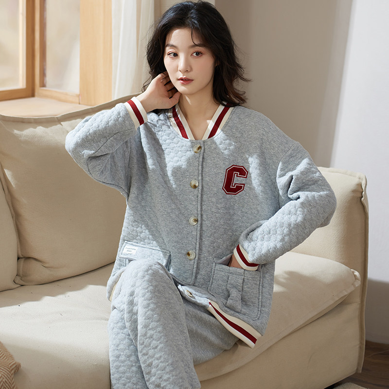 夹层秋冬季长袖薄夹棉休闲纯棉睡衣 姵娇兰睡衣/家居服套装