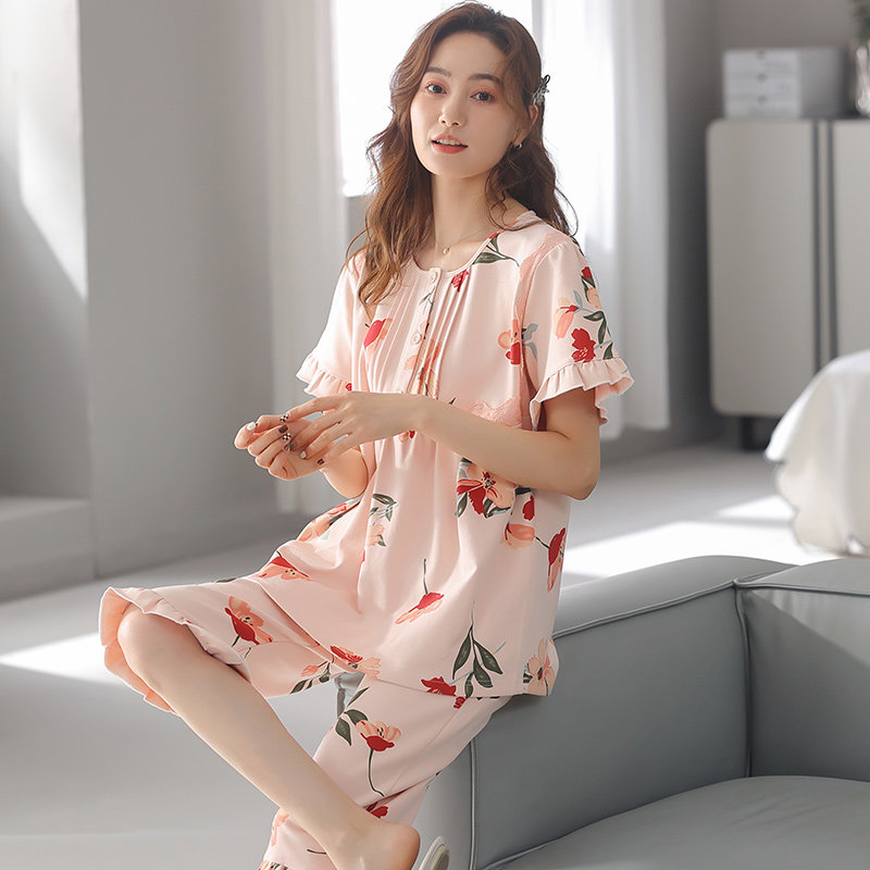 新款女士纯棉短袖7分裤中年睡衣 姵娇兰睡衣/家居服套装