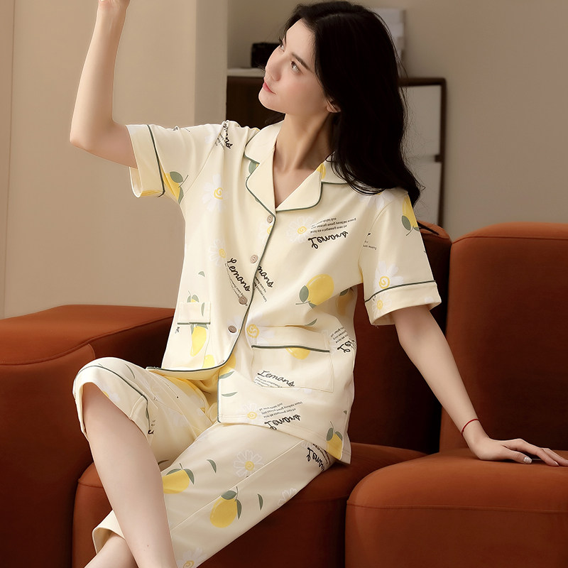 女士短袖七分裤纯棉开衫可爱睡衣 姵娇兰睡衣/家居服套装