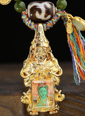 天然矿砂种子字手绘绿度母唐卡铜镀金扎基拉姆外壳吊坠毛衣链饰品