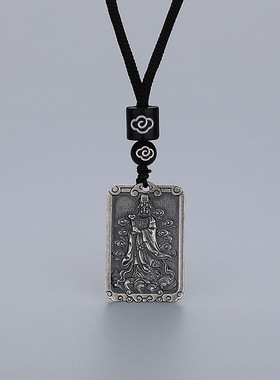 妈祖吊坠s925纯银长款项链海上女神天后娘娘男女复古实心方牌挂