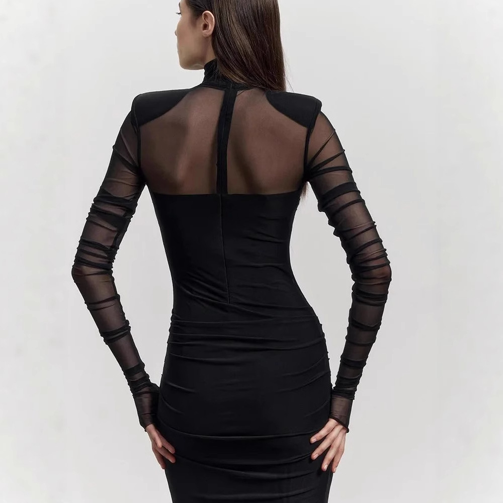 High neck waist cinching sexy dress高领长袖性感修身连衣裙女 - 图1