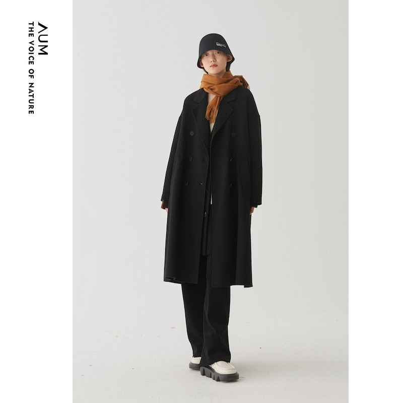 【会员价4998元】AUM噢姆冬季黑色短顺双面呢长款毛呢大衣 - 图0