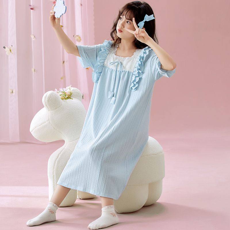 甜美风女童睡裙2026新款夏季纯棉短袖荷叶边中大童家居服睡衣裙,淘宝优惠券,粉丝福利购,淘宝优惠卷