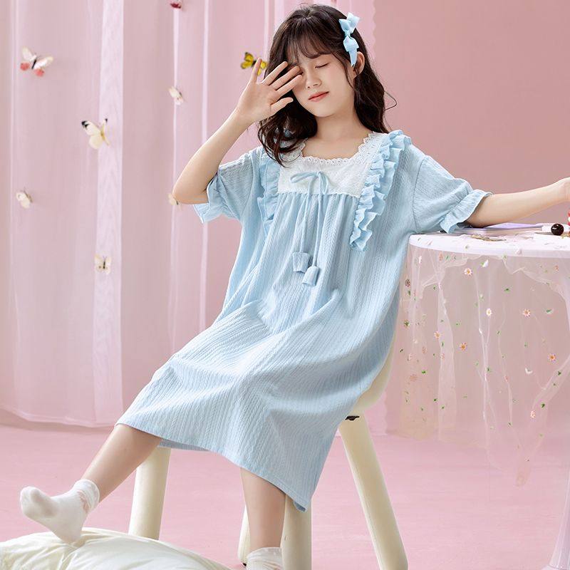 甜美风女童睡裙2026新款夏季纯棉短袖荷叶边中大童家居服睡衣裙,淘宝优惠券,粉丝福利购,淘宝优惠卷