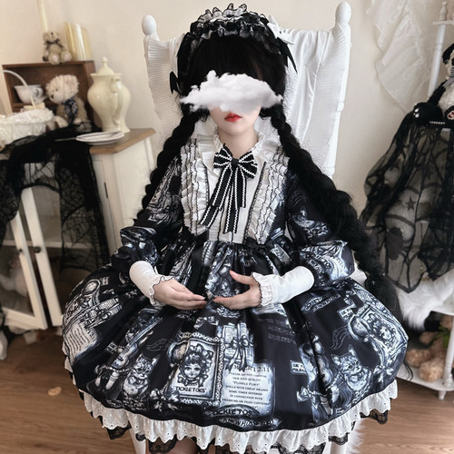 韩菇凉{独家}~原创设计古董猫lolita洋装哥特风暗黑长袖op连衣裙 - 图3