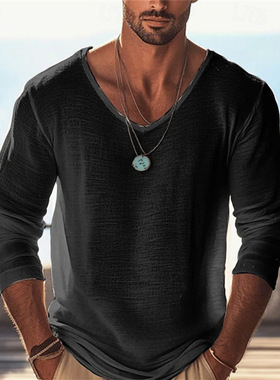 Men's V-neck casual long sleeved shirt男士V领休闲长袖上衣