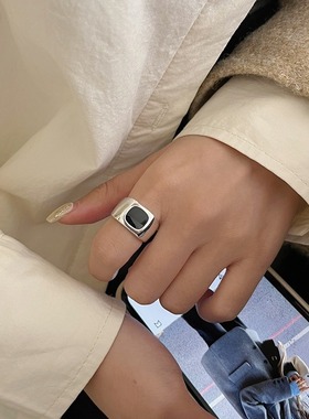 925纯银设计感宽边方形包黑玛瑙戒指个性小众指环简约百搭气质潮