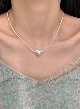 韩国博主同款饰品S925纯银爱心珍珠项链女轻奢ins小众颈链气质潮