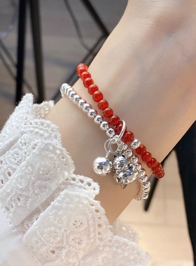 s925纯银天然红玛瑙复古招财猫光球双层女款手链ins小众设计手串