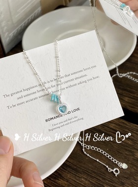 S925纯银韩系ins清冷感蓝色爱心项链百搭个性轻奢优雅颈链气质潮