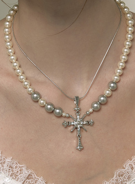 1JINN M2M小众双链条珍珠蛇骨拼接十字架轻奢项链高级叠戴配饰