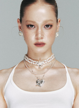 1JINN M2M 双层叠戴鲸鱼爱心吊坠项链女银珠链条轻奢设计感颈链