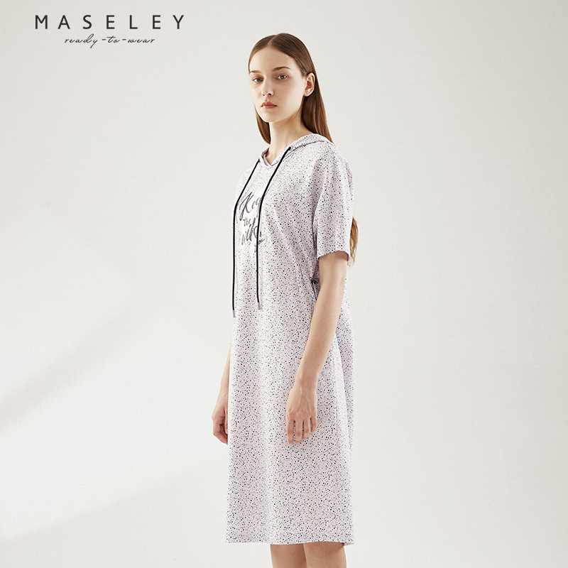 Maseley/玛塞莉淡紫色连帽卫衣直筒裙夏季新款印花休闲抽绳连衣裙-图0