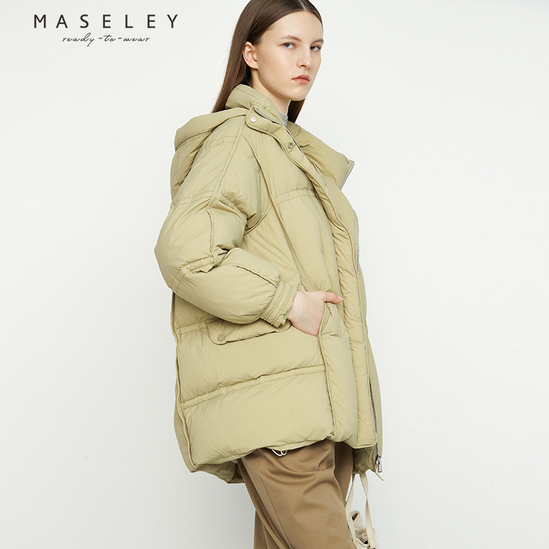 Maseley/玛塞莉连帽外套冬季新款白鸭绒简约百搭加厚短款羽绒服女